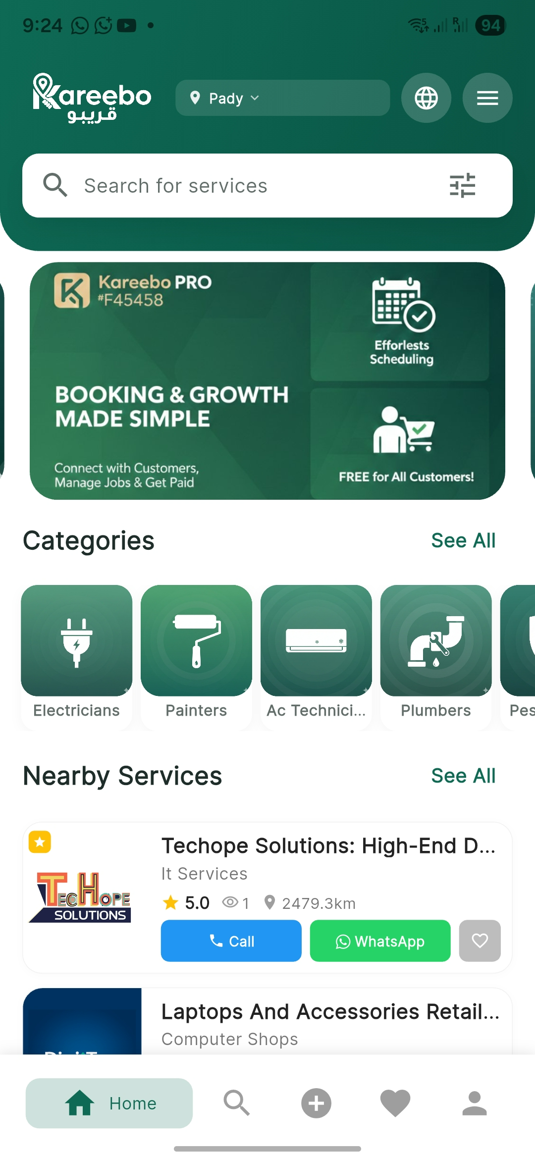 Kareebo App Home Screen - Browse all services instantly